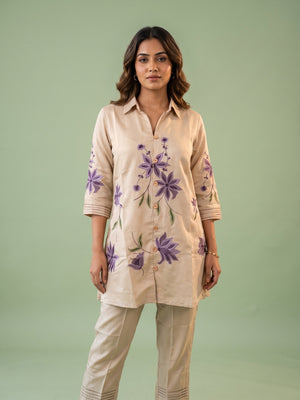 Peachmode Beige Viscose Blend Floral Embroidered Co-ord Set - Image 1