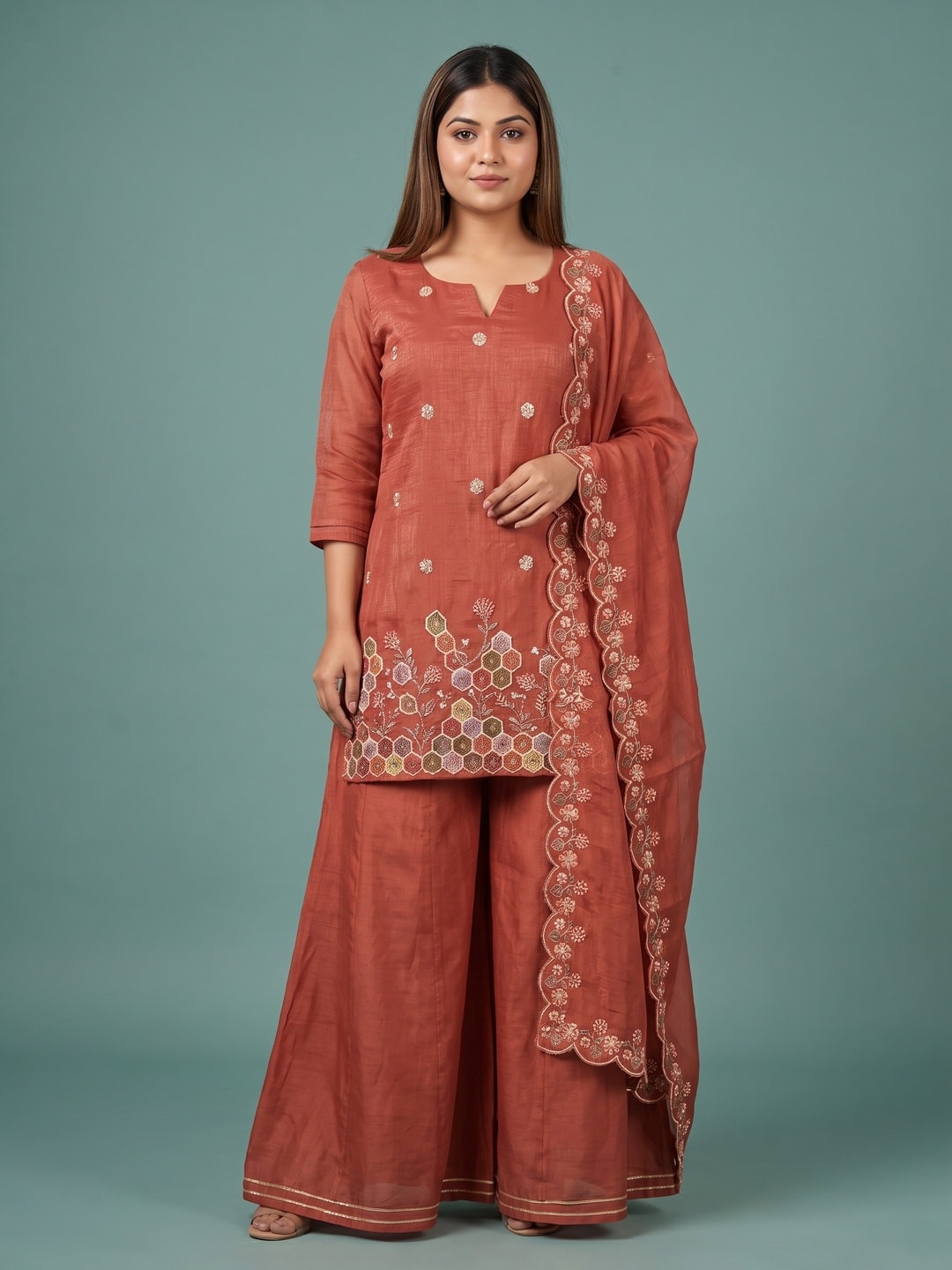 Peachmode Rust Silk Blend Embroidered Hem Salwar Suit - Image 1