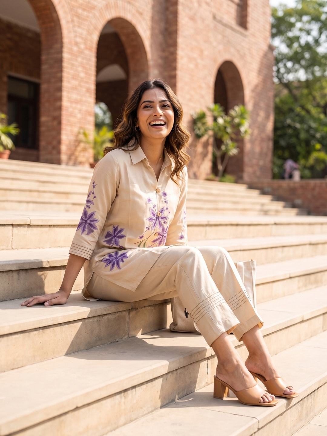 Peachmode Beige Viscose Blend Floral Embroidered Co-ord Set - Image 2