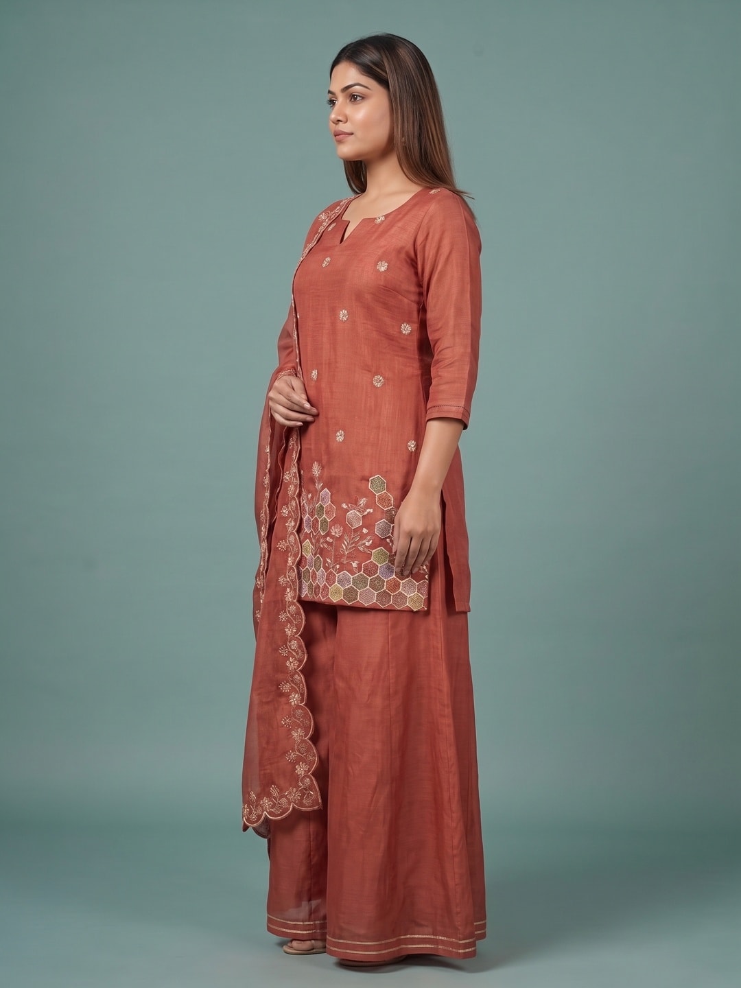 Peachmode Rust Silk Blend Embroidered Hem Salwar Suit - Image 3
