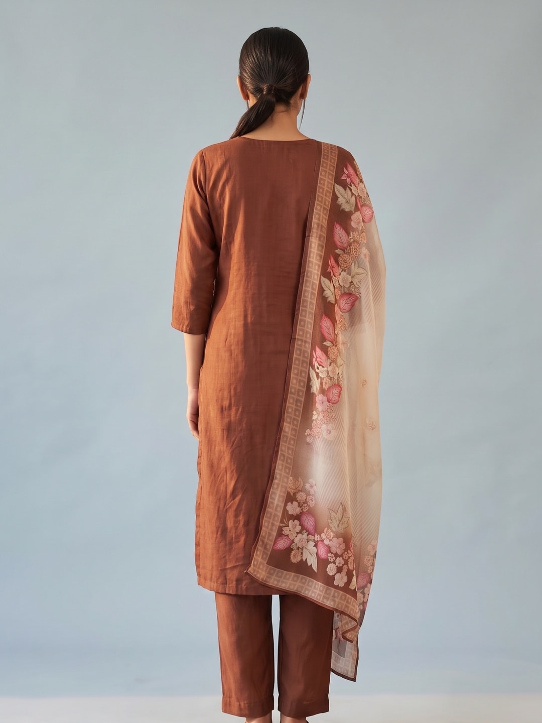 Peachmode Brown Muslin Embroidered Yoke Salwar Suit - Image 4