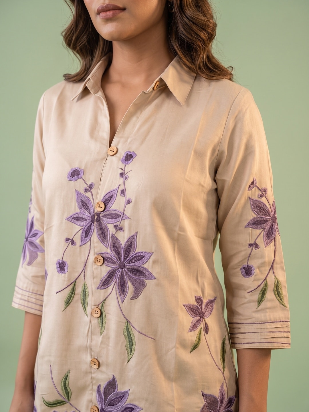 Peachmode Beige Viscose Blend Floral Embroidered Co-ord Set - Image 5