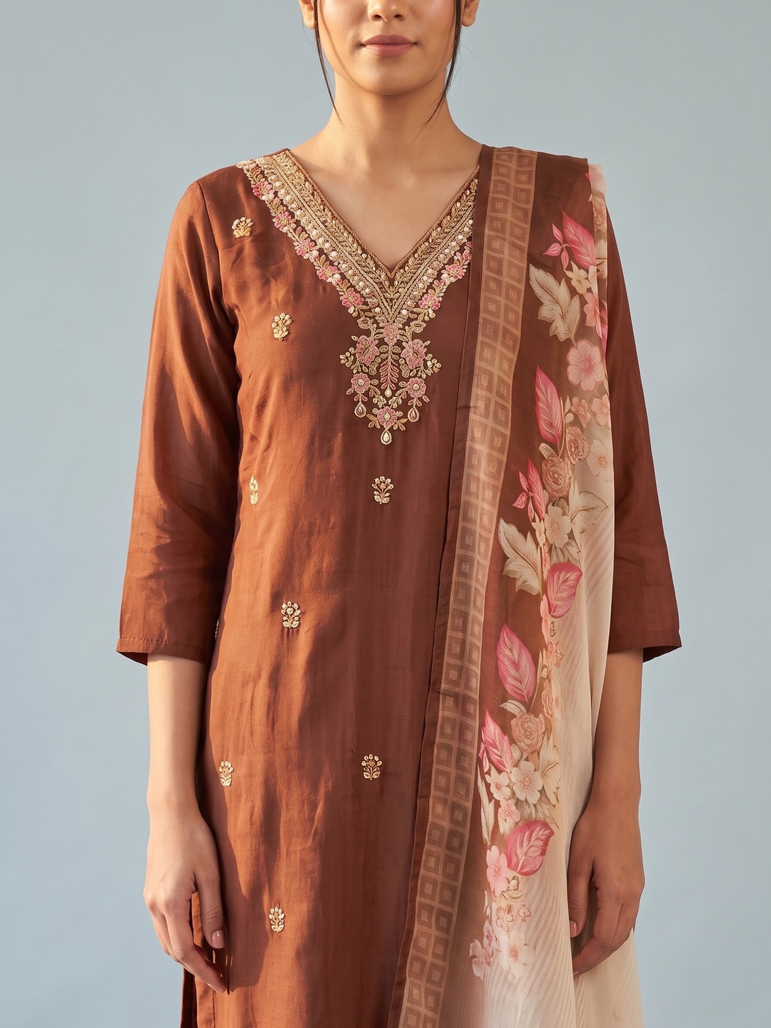 Peachmode Brown Muslin Embroidered Yoke Salwar Suit - Image 5