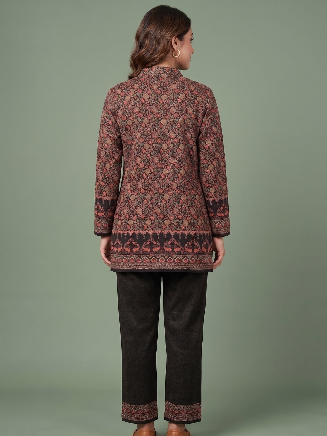 Peachmode Brown Woolen Printed Co-ord Set - Image 4
