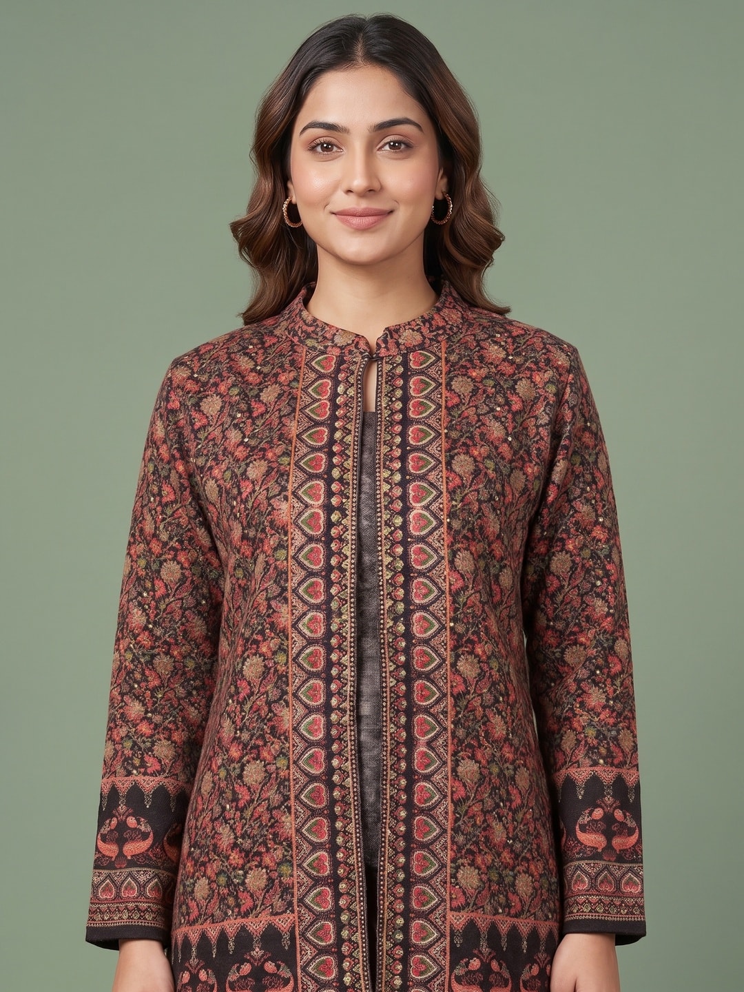 Peachmode Brown Woolen Printed Co-ord Set - Image 5