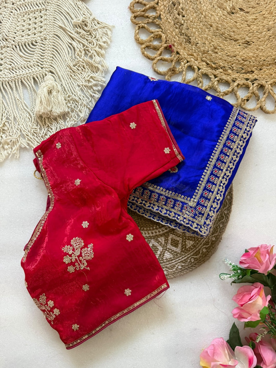 Peachmode Royal Blue Sequin Embroidered Fandy Satin Saree With Cutwork Border - Image 5