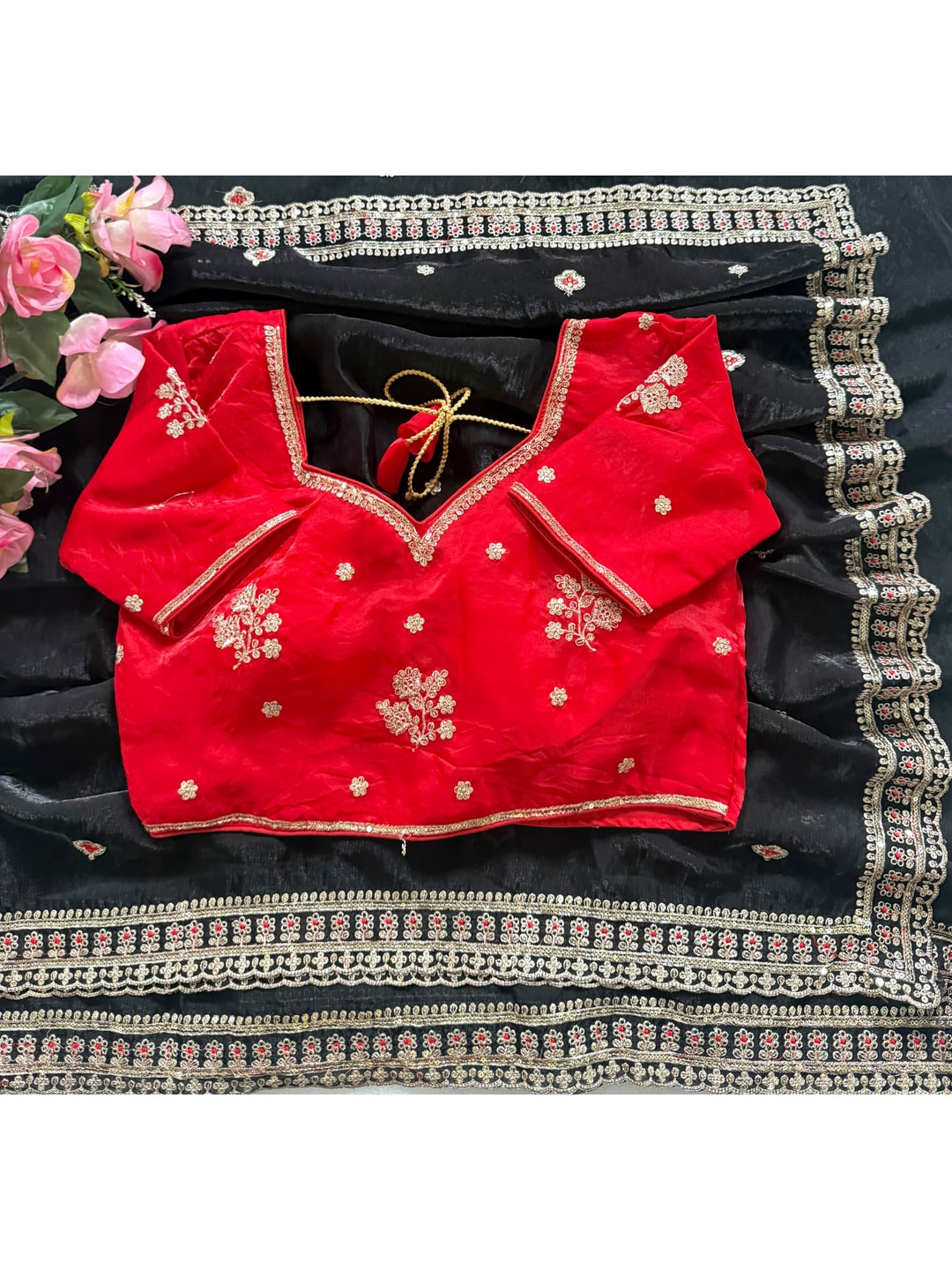 Peachmode Black Sequin Embroidered Fandy Satin Saree With Cutwork Border - Image 5