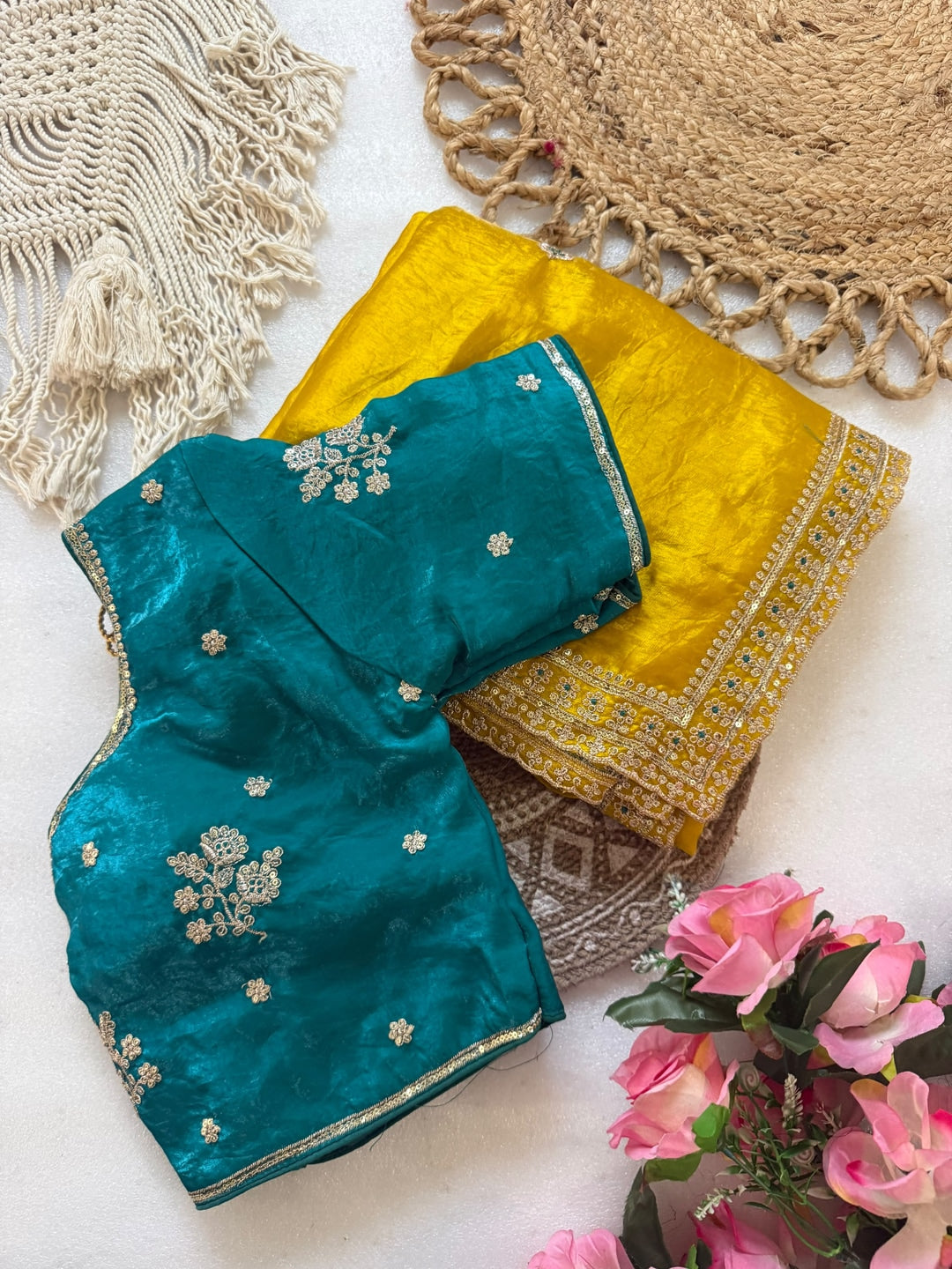 Peachmode Mustard Sequin Embroidered Fandy Satin Saree With Cutwork Border - Image 4