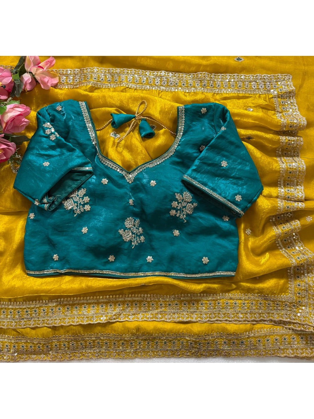 Peachmode Mustard Sequin Embroidered Fandy Satin Saree With Cutwork Border - Image 5