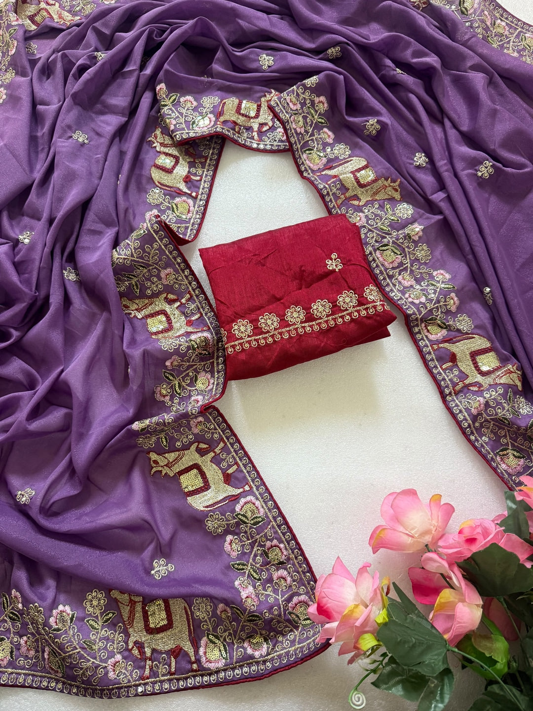 Peachmode Purple Embroidered Sequins Star Georgette Saree With Pichwai Cow Pallu - Image 4