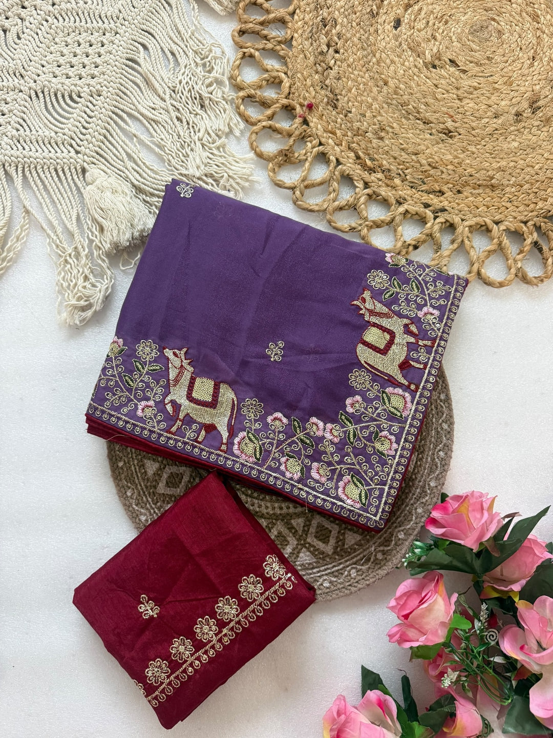 Peachmode Purple Embroidered Sequins Star Georgette Saree With Pichwai Cow Pallu - Image 5
