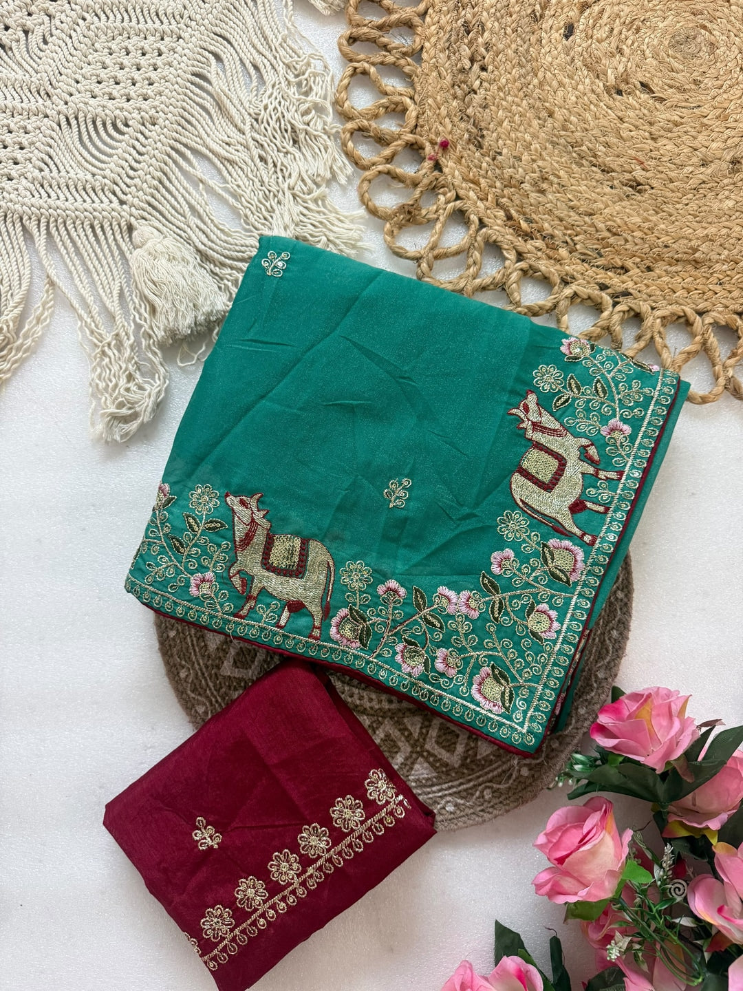 Peachmode Teal Embroidered Sequins Star Georgette Saree With Pichwai Cow Pallu - Image 5