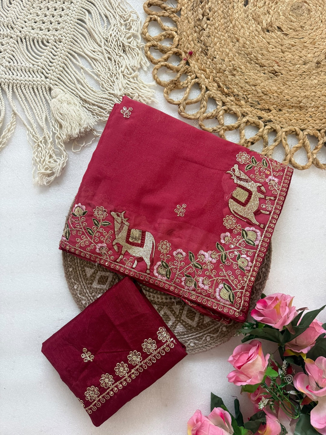 Peachmode Pink Embroidered Sequins Star Georgette Saree With Pichwai Cow Pallu - Image 5