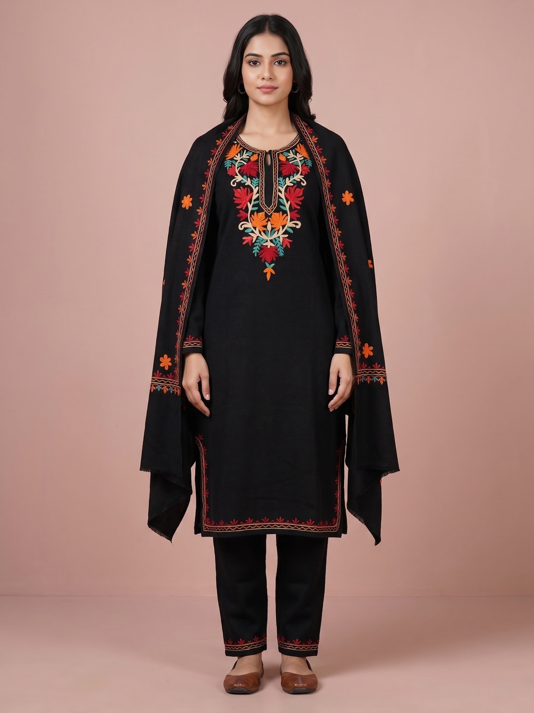 Peachmode Black Woolen Salwar Suit With Floral Embroidery - Image 1