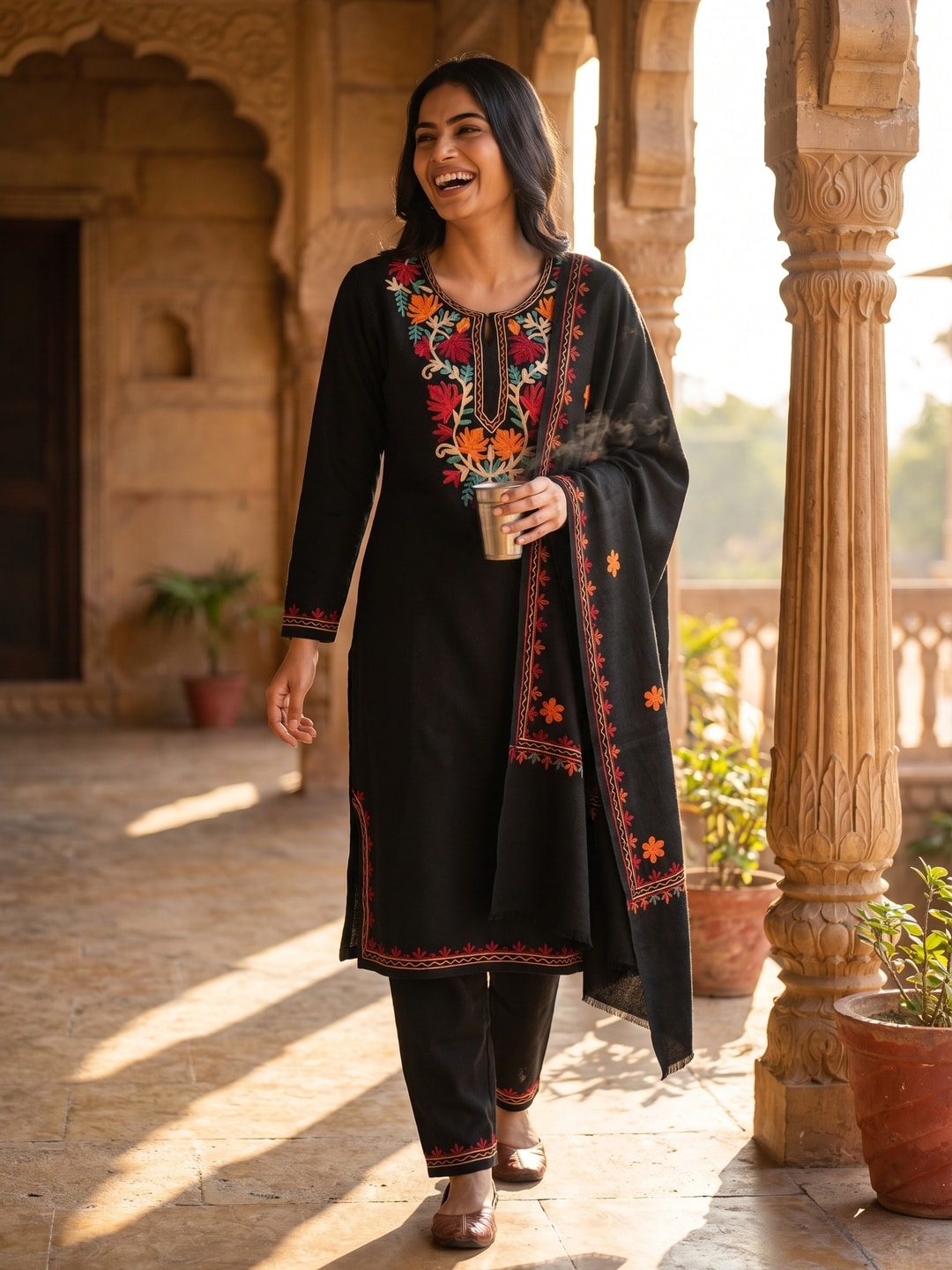 Peachmode Black Woolen Salwar Suit With Floral Embroidery - Image 2