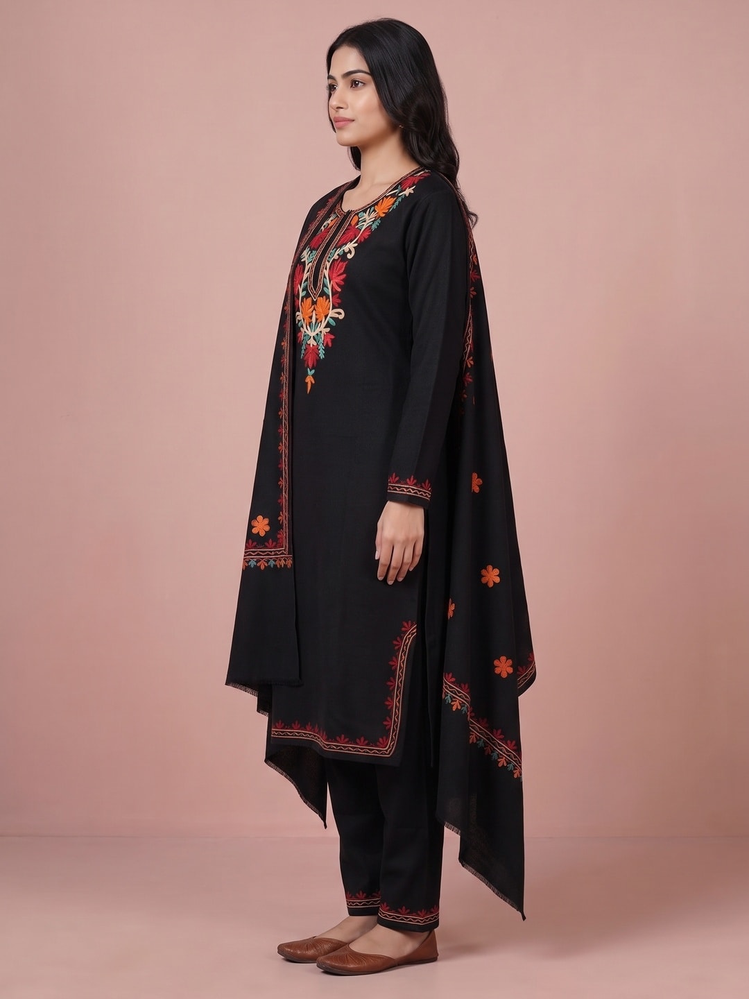 Peachmode Black Woolen Salwar Suit With Floral Embroidery - Image 3