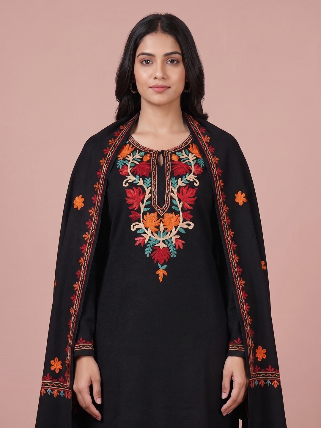 Peachmode Black Woolen Salwar Suit With Floral Embroidery - Image 5