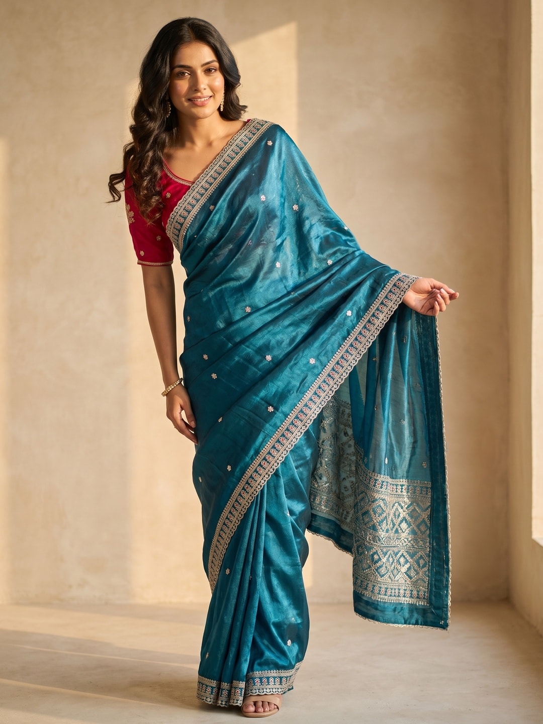 Peachmode Teal Blue Sequin Embroidered Fandy Satin Saree With Cutwork Border - Image 1