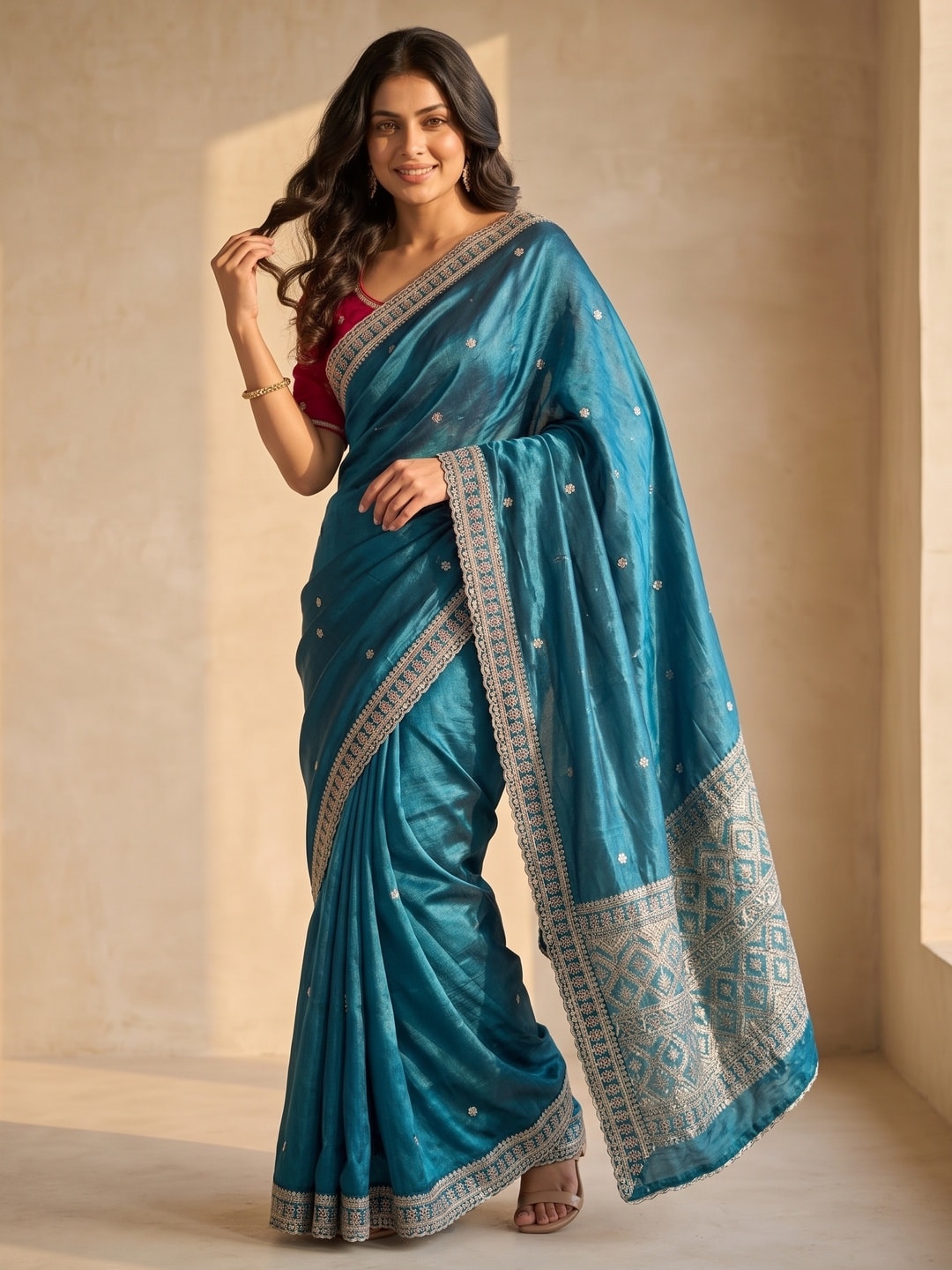 Peachmode Teal Blue Sequin Embroidered Fandy Satin Saree With Cutwork Border - Image 2