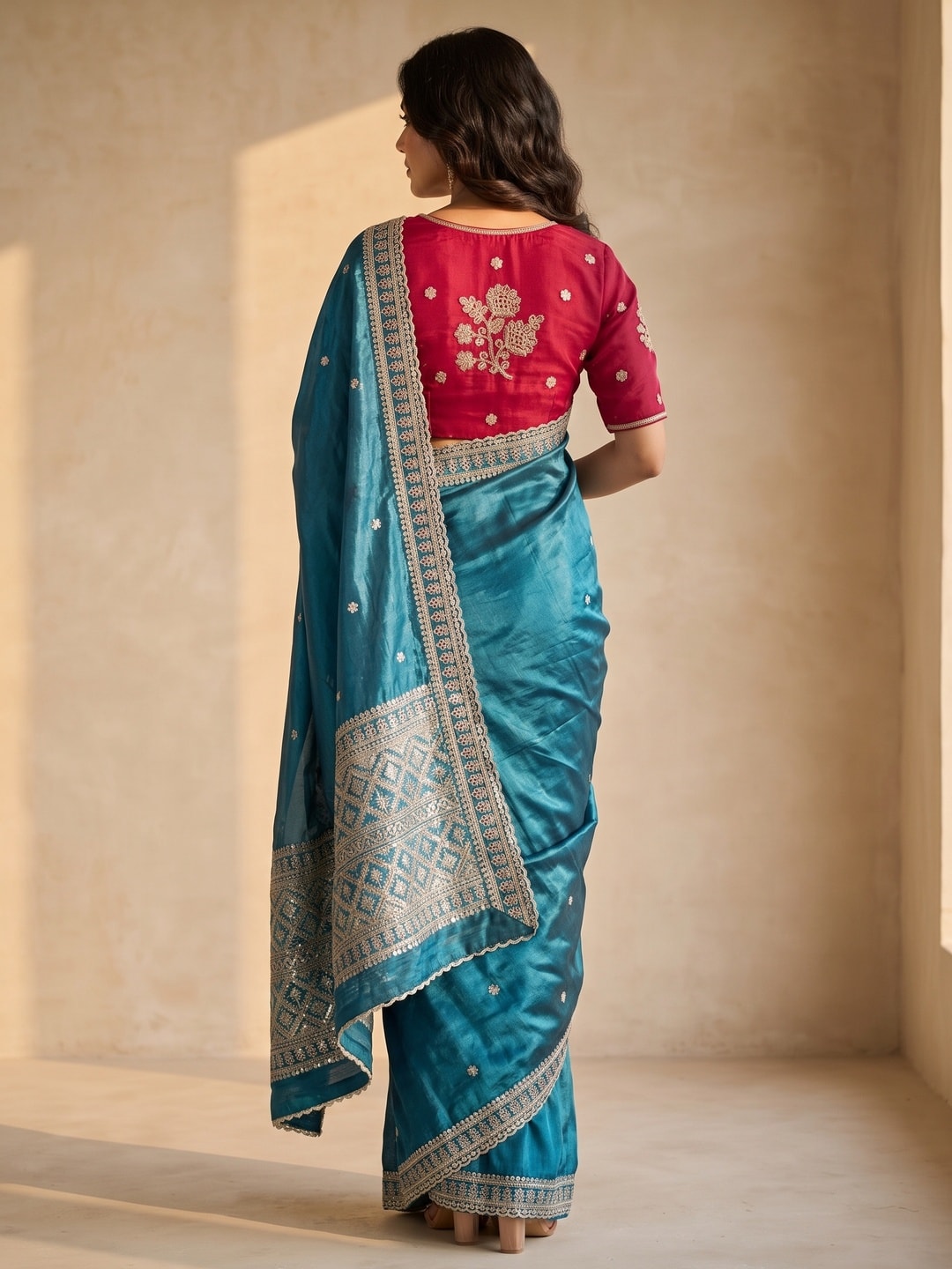 Peachmode Teal Blue Sequin Embroidered Fandy Satin Saree With Cutwork Border - Image 3