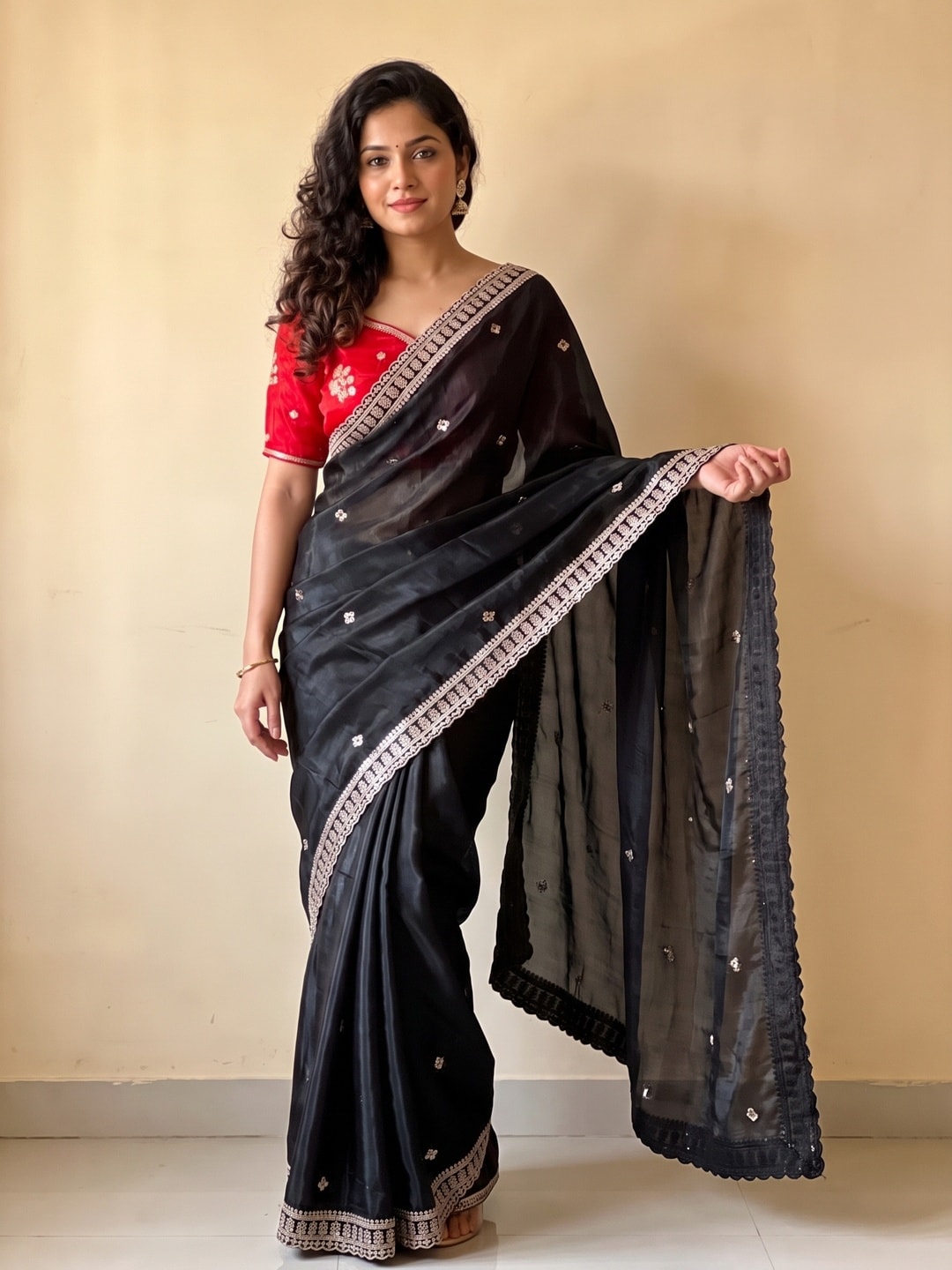 Peachmode Black Sequin Embroidered Fandy Satin Saree With Cutwork Border - Image 3