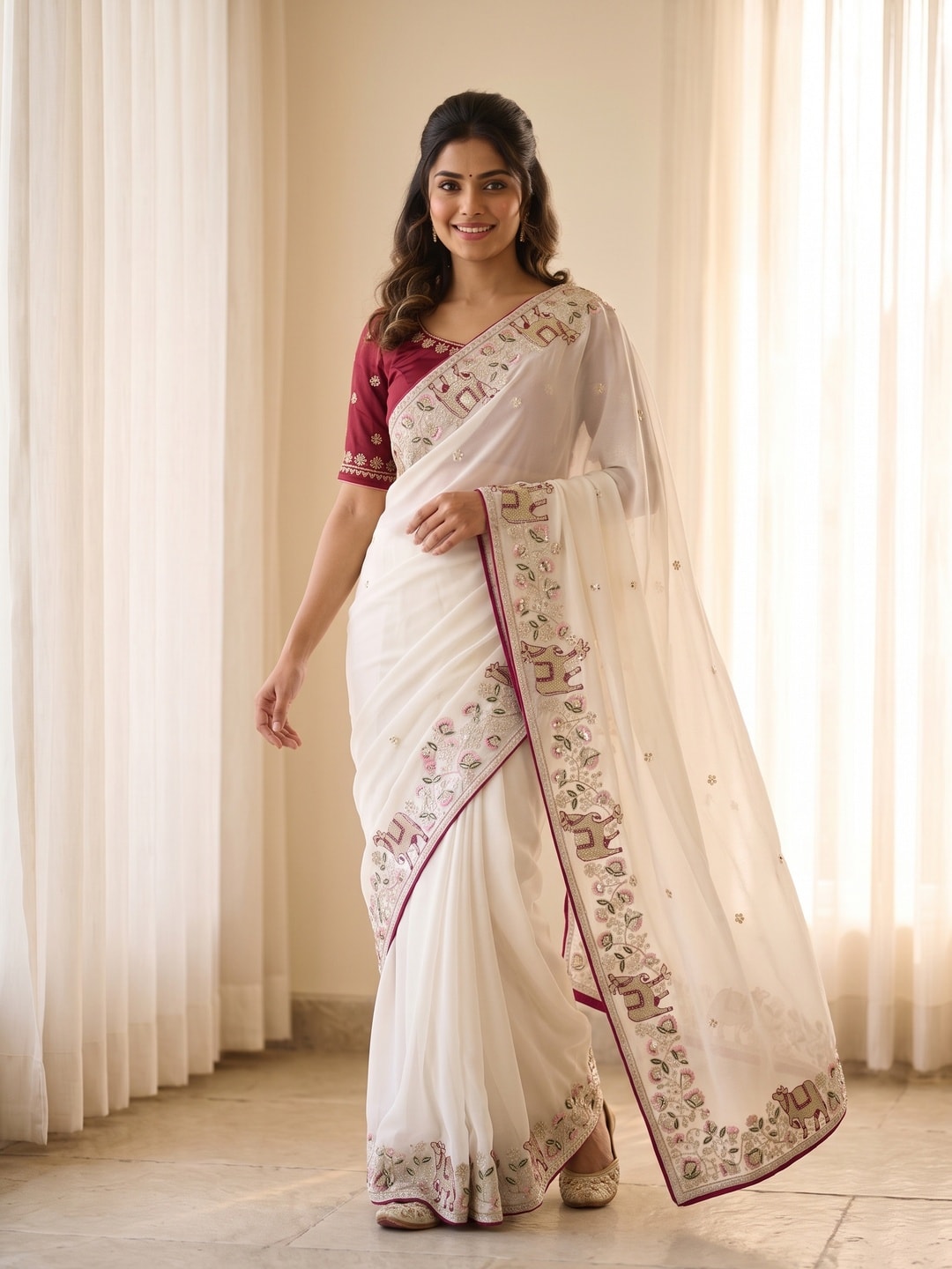 Peachmode Off White Embroidered Sequins Star Georgette Saree With Pichwai Cow Pallu - Image 2