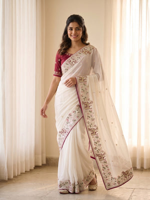 Peachmode Off White Embroidered Sequins Star Georgette Saree With Pichwai Cow Pallu - Image 2