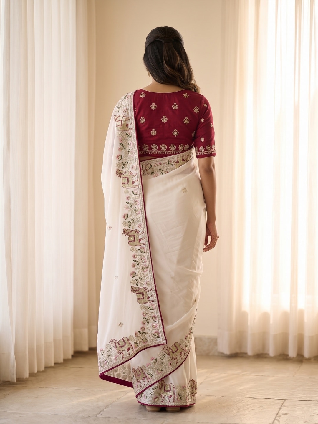 Peachmode Off White Embroidered Sequins Star Georgette Saree With Pichwai Cow Pallu - Image 3