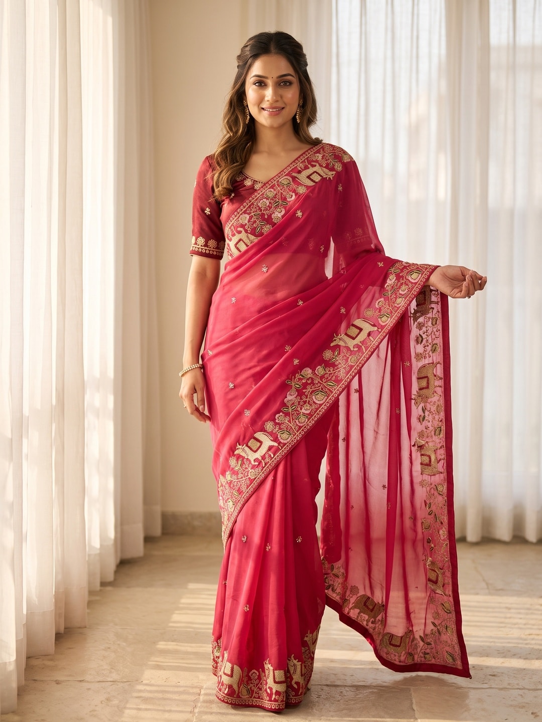 Peachmode Pink Embroidered Sequins Star Georgette Saree With Pichwai Cow Pallu - Image 1