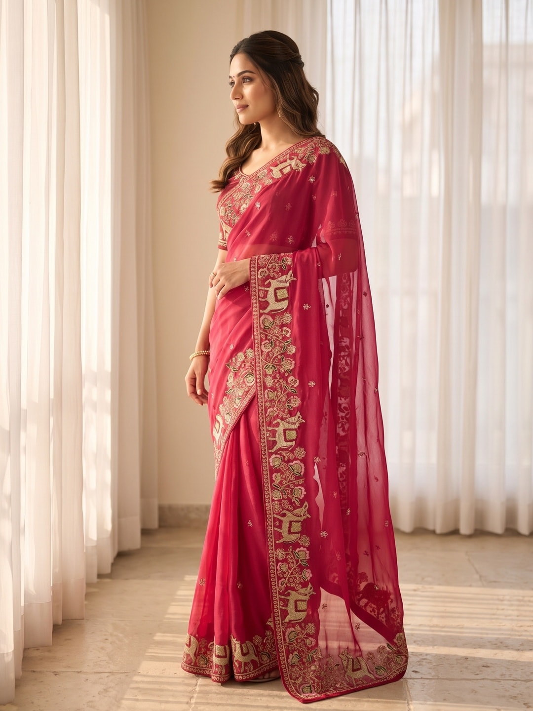Peachmode Pink Embroidered Sequins Star Georgette Saree With Pichwai Cow Pallu - Image 3