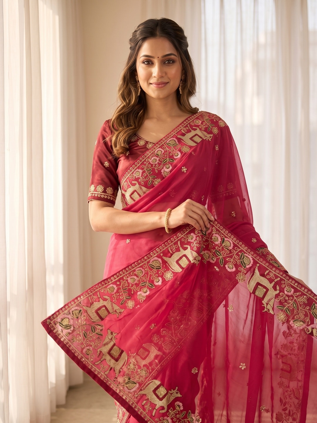 Peachmode Pink Embroidered Sequins Star Georgette Saree With Pichwai Cow Pallu - Image 4