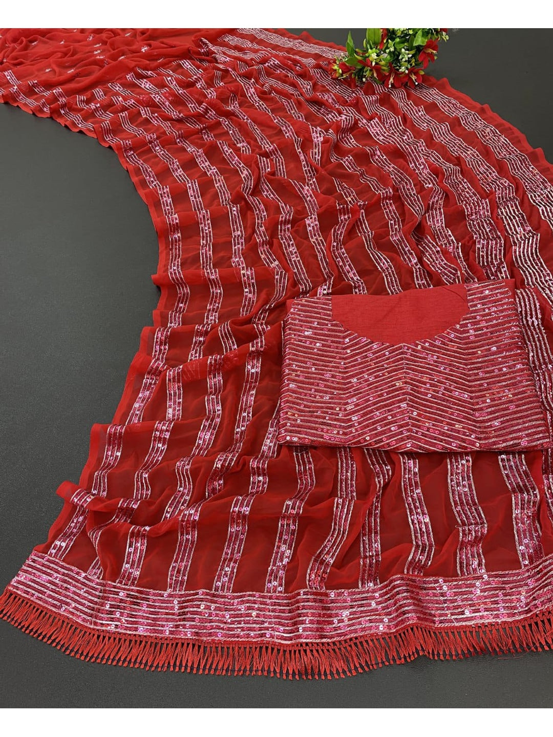 Peachmode Red Sequin Stripe Work Georgette Saree With Embroidered Blouse - Image 4