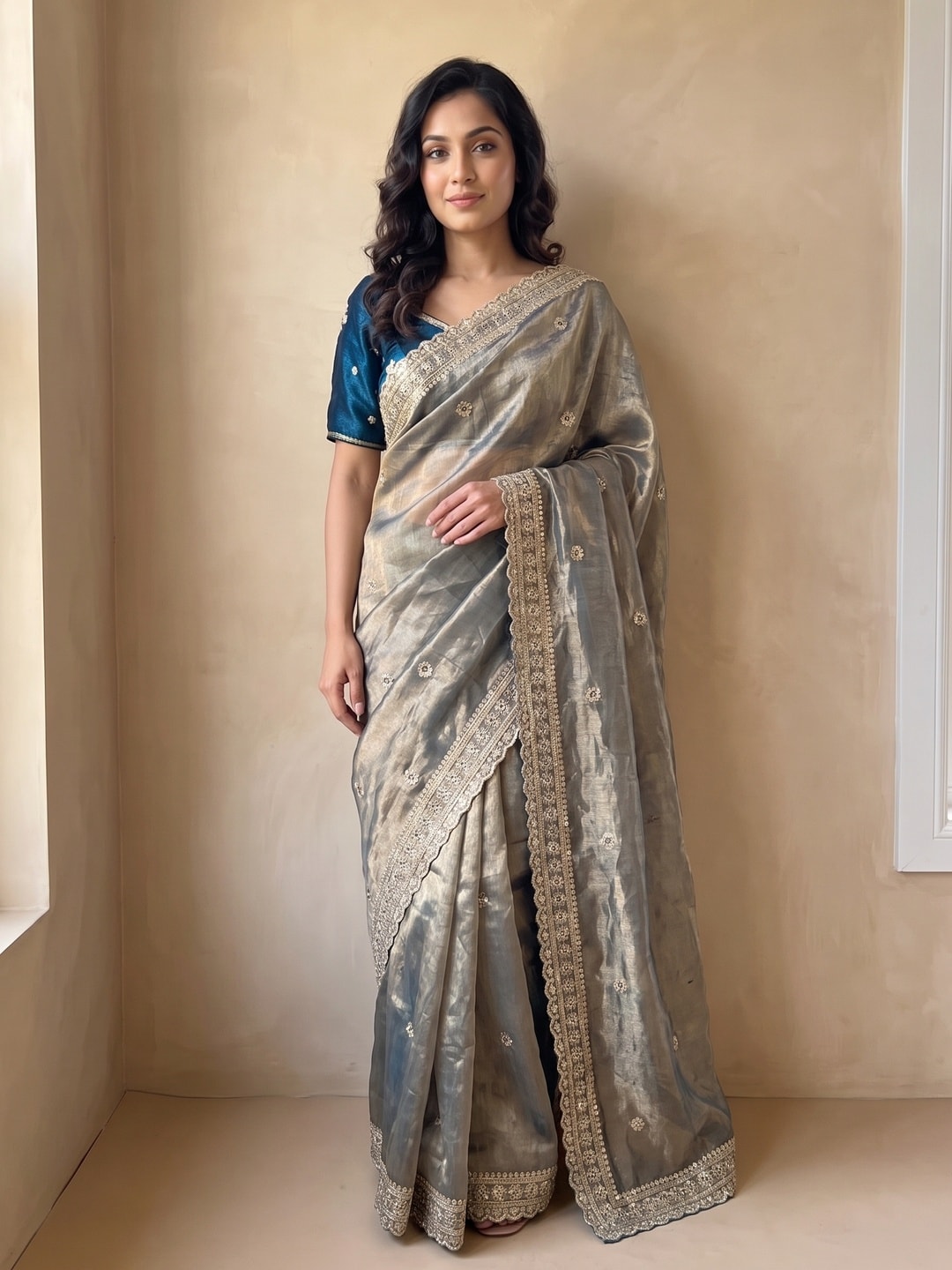 Peachmode Grey Gold Tissue Sequin Embroidered Fandy Satin Saree With Cutwork Border - Image 1