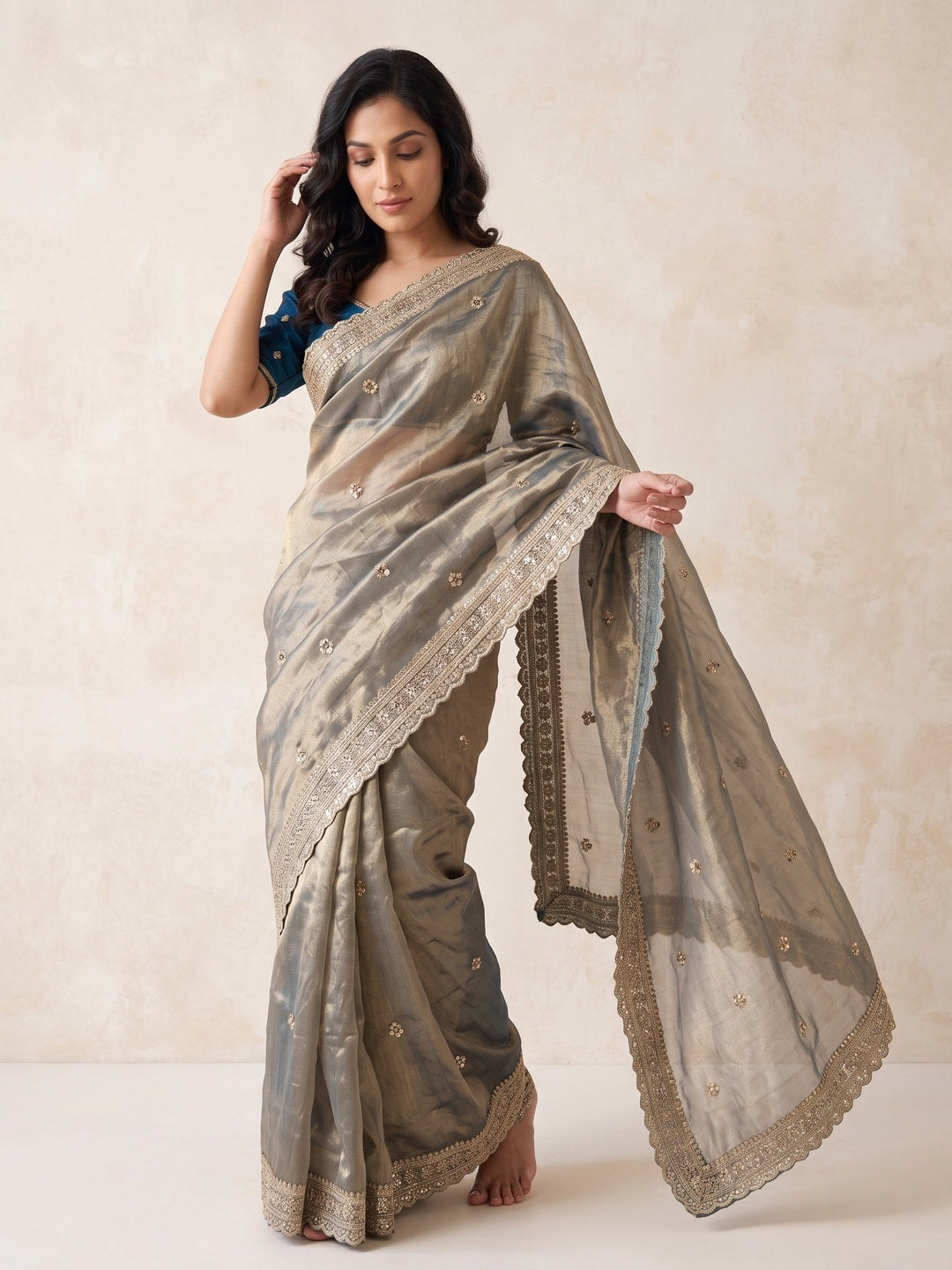 Peachmode Grey Gold Tissue Sequin Embroidered Fandy Satin Saree With Cutwork Border - Image 2