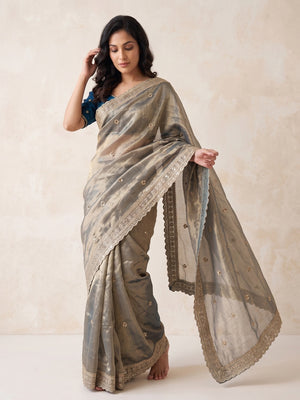 Peachmode Grey Gold Tissue Sequin Embroidered Fandy Satin Saree With Cutwork Border - Image 2