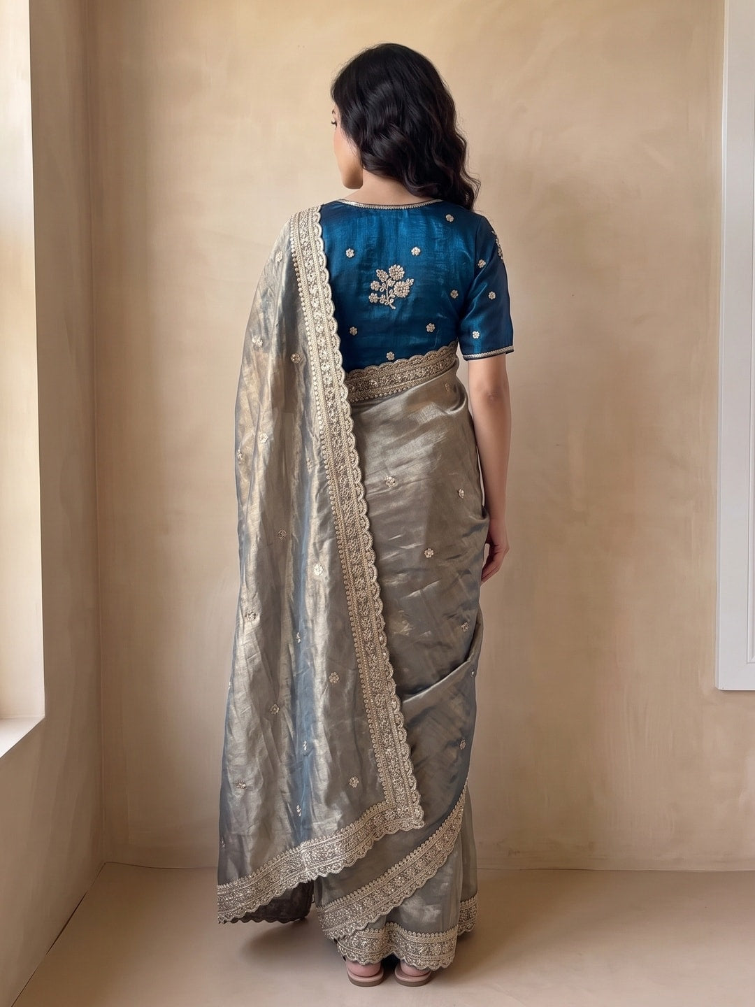 Peachmode Grey Gold Tissue Sequin Embroidered Fandy Satin Saree With Cutwork Border - Image 3