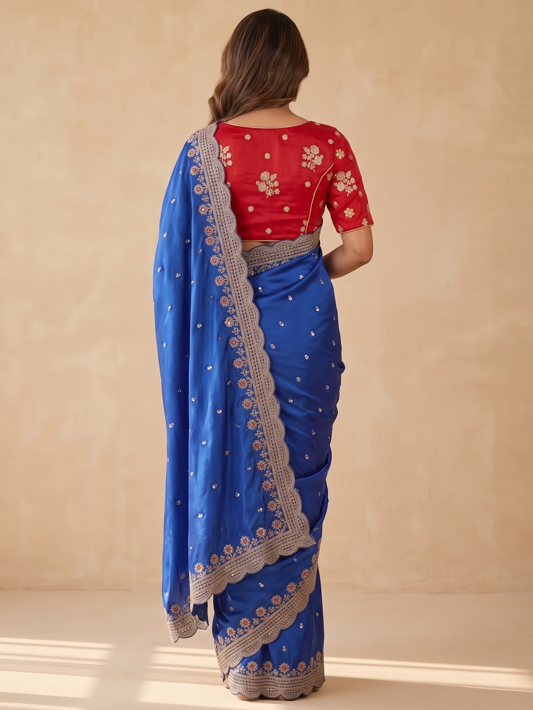 Peachmode Royal Blue Sequin Embroidered Fandy Satin Saree With Cutwork Border - Image 3