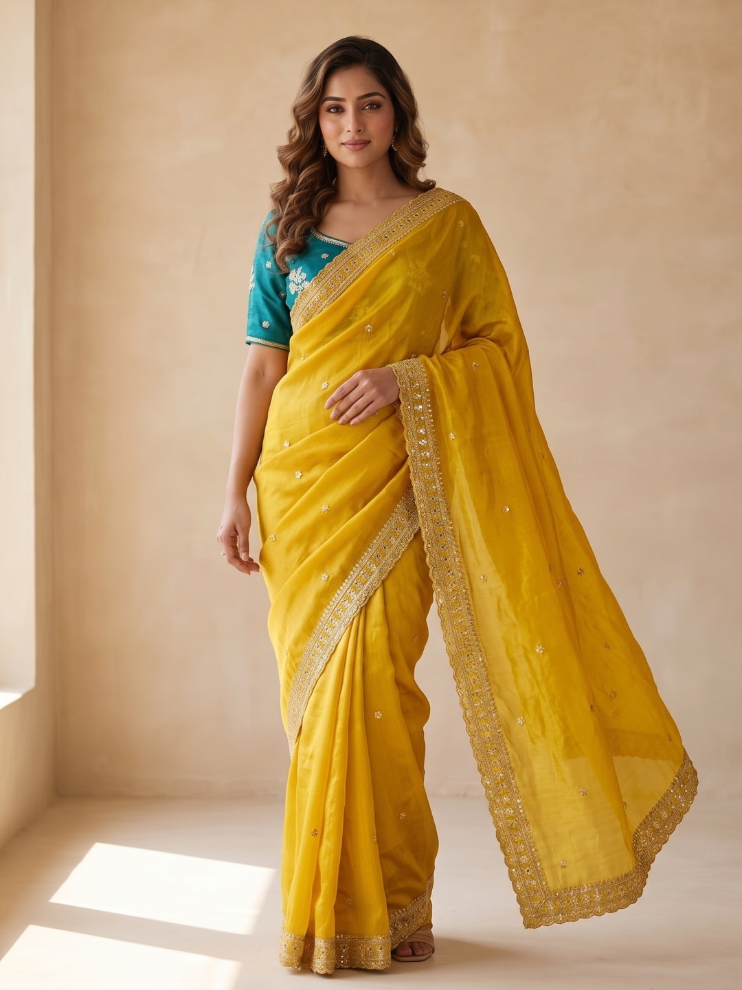 Peachmode Mustard Sequin Embroidered Fandy Satin Saree With Cutwork Border - Image 2