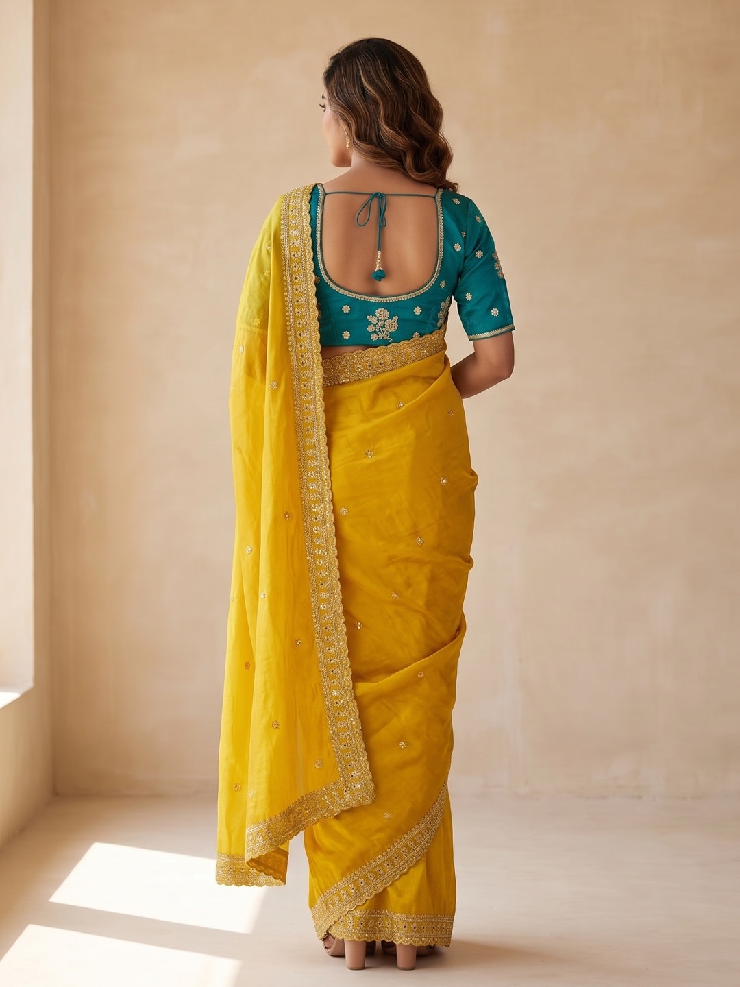 Peachmode Mustard Sequin Embroidered Fandy Satin Saree With Cutwork Border - Image 3