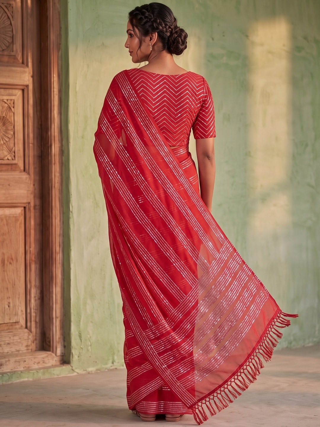 Peachmode Red Sequin Stripe Work Georgette Saree With Embroidered Blouse - Image 2