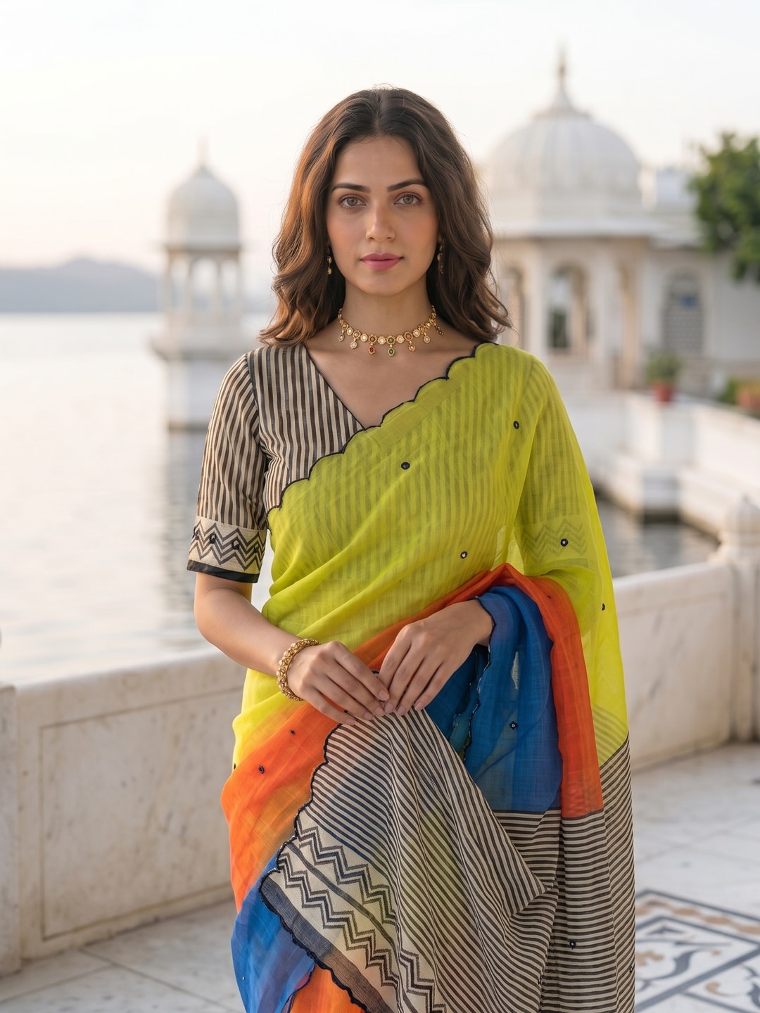 Peachmode Lime Green Ombre Printed Linen Cotton Saree With Mirror Work - Image 4