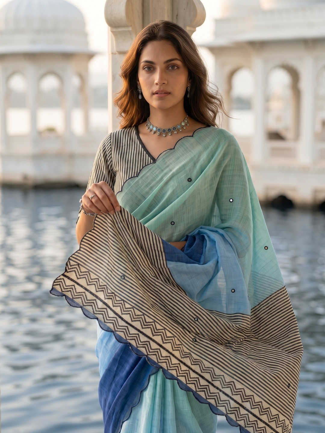 Peachmode Sky Blue Ombre Printed Linen Cotton Saree With Mirror Work - Image 4