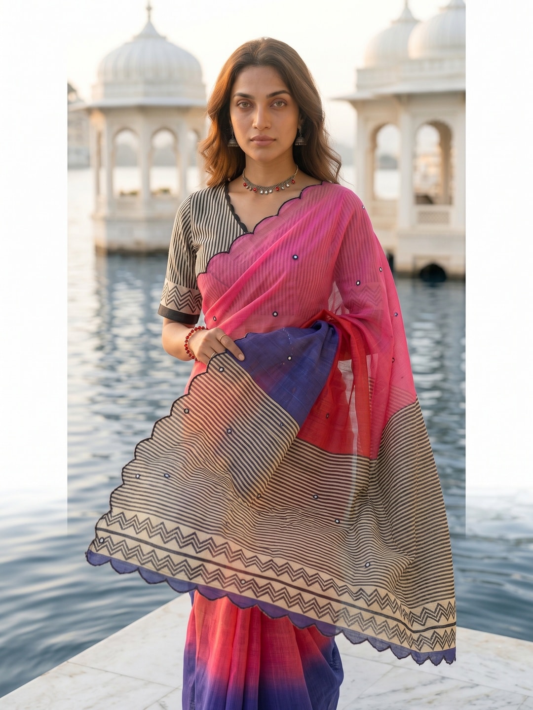 Peachmode Pink Ombre Printed Linen Cotton Saree With Mirror Work - Image 4