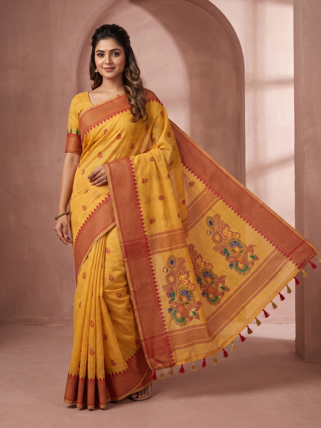 Peachmode Mustard Jamdani Cotton Woven Saree with Floral Pallu - Image 1