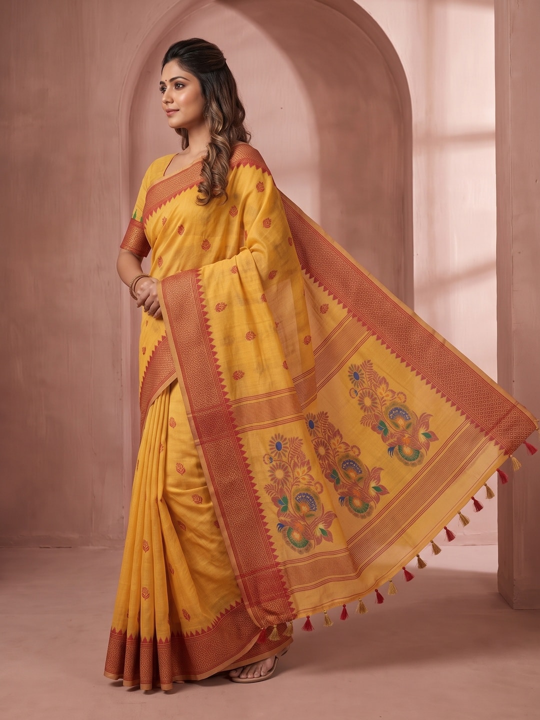 Peachmode Mustard Jamdani Cotton Woven Saree with Floral Pallu - Image 2
