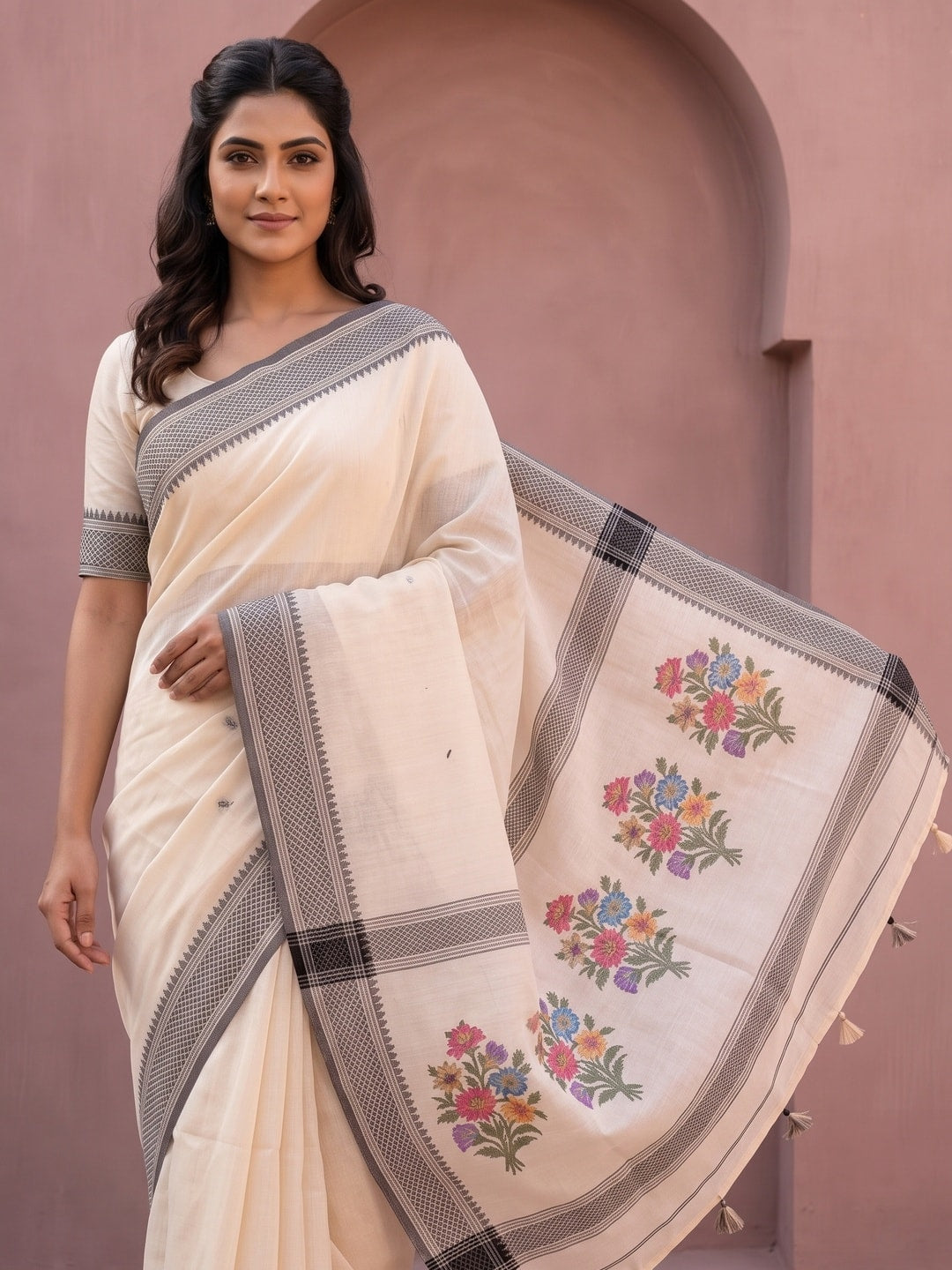Peachmode Cream Jamdani Cotton Woven Saree with Floral Pallu - Image 5