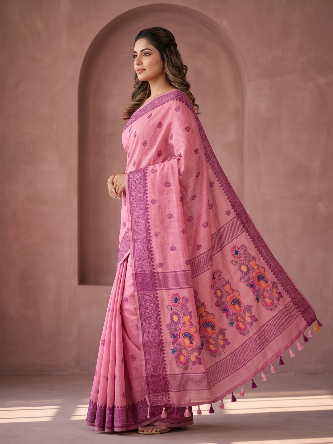 Peachmode Pink Jamdani Cotton Woven Saree with Floral Pallu - Image 3