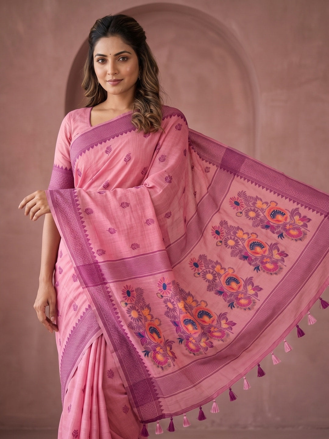 Peachmode Pink Jamdani Cotton Woven Saree with Floral Pallu - Image 5