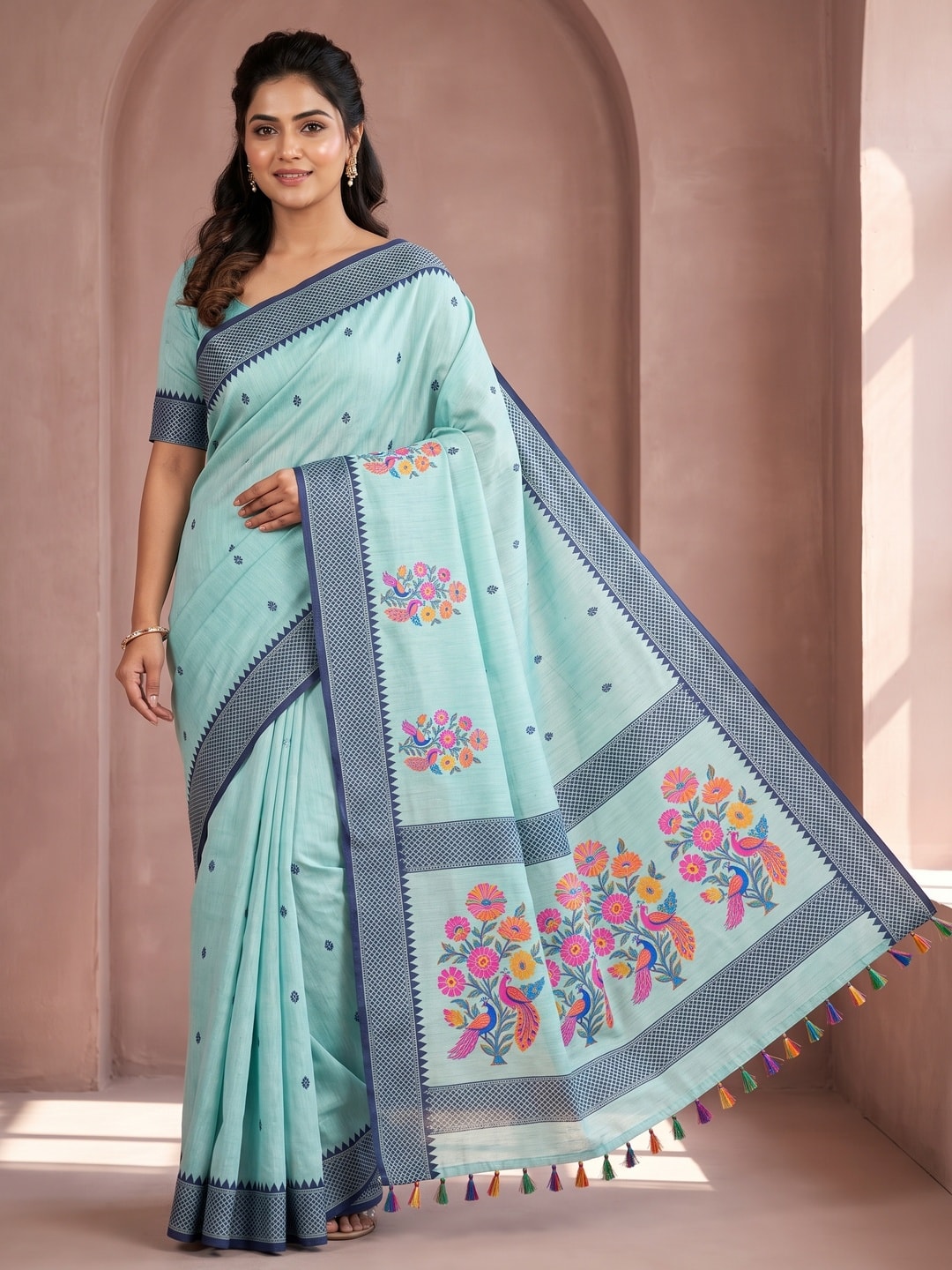 Peachmode Sea Green Jamdani Cotton Woven Saree with Floral Pallu - Image 1