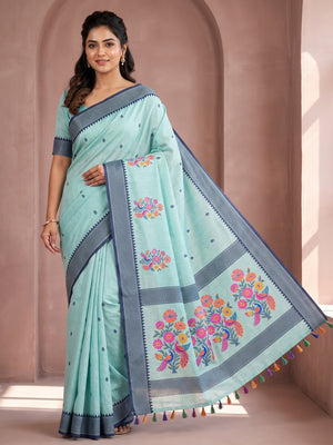 Peachmode Sea Green Jamdani Cotton Woven Saree with Floral Pallu - Image 1